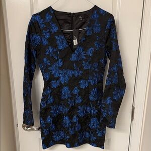 Lulu's Midnight Floral Long Sleeve Jacquard Dress